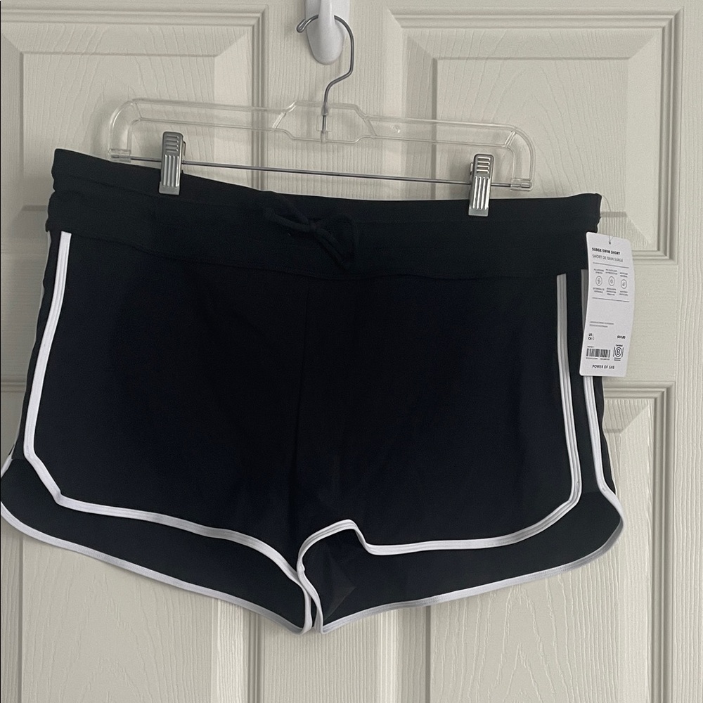 Athleta Black Surge Swim Shorts with White Accents